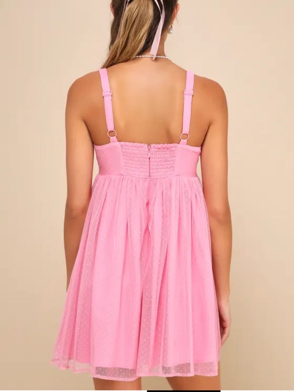 Lulus Cutest Princess Pink Swiss Dot Mesh Babydoll Mini Dress - Size S - Picture 3 of 6